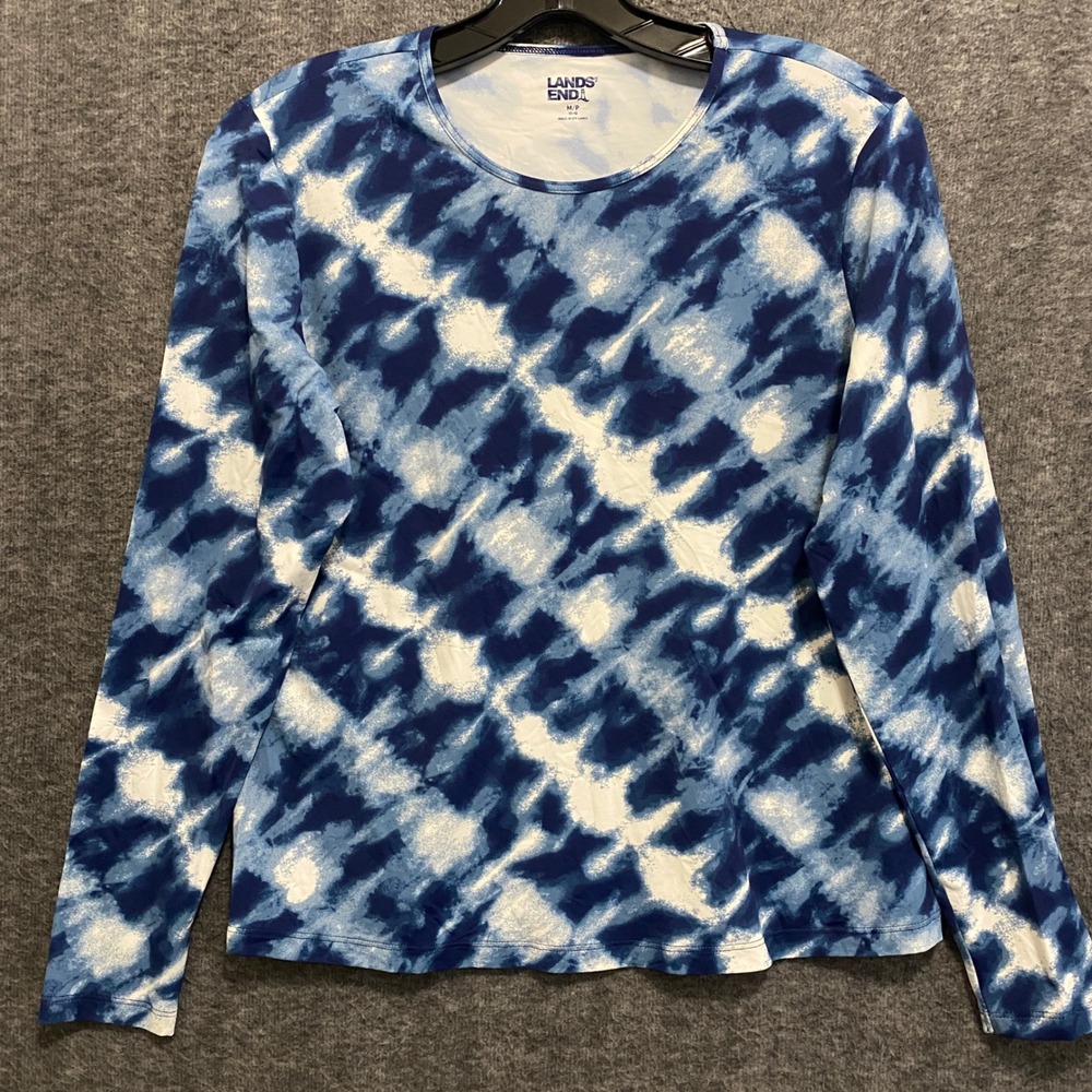 Lands End Swim Top Rash Guard Women M Petite Blue Tie Dye Stretch Beach Vacation